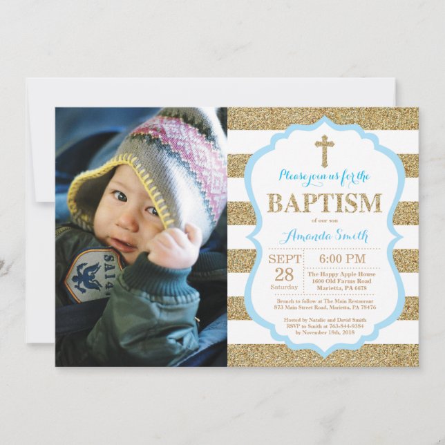 Blue and Gold Glitter Baptism Invitation (Front)
