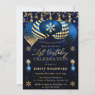 Blue and Gold Glitter Baubles 21st Birthday Invitation