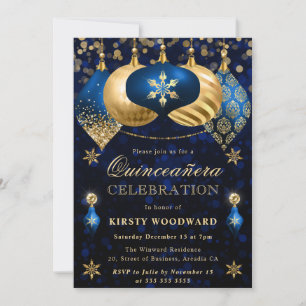 Blue and Gold Glitter Baubles Quinceanera Invitation