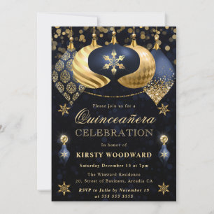 Blue and Gold Glitter Baubles Quinceanera Invitation