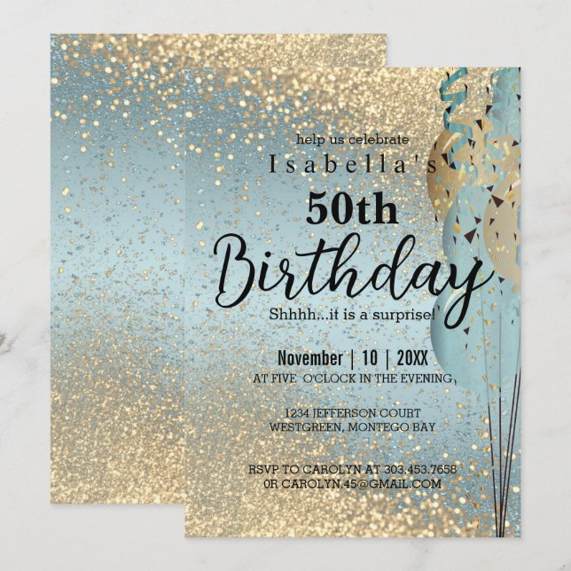 Blue and Gold Glitter Birthday Invitation (Front/Back)