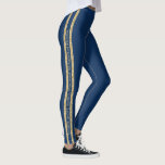 Blue and Gold Glitter Custom Text Athletic Stripe Leggings<br><div class="desc">Navy Blue and Gold personalised leggings with a double athletic stripe in faux printed gold glitter with custom text in the middle that can be different on each side. Perfect for displaying your favourite quote, verse, inspirational mantra, team name, or add your name on repeat down the side of each...</div>