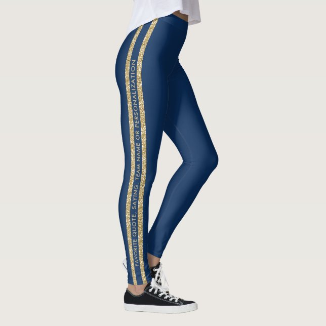 Blue and Gold Glitter Custom Text Athletic Stripe Leggings (Right)