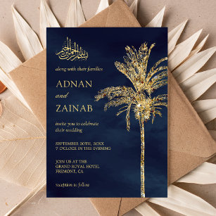 Blue and Gold Glitter Date Palm Muslim Wedding Invitation