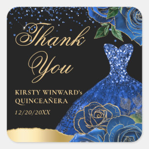 Blue and Gold Glitter Dress Glam Roses Quinceanera Square Sticker