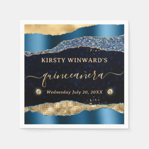 Blue and Gold Glitter Glam Tears Bokeh Quinceanera Napkin