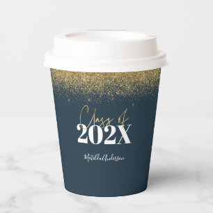 blue and gold glitter graduation class of 22  paper cups
