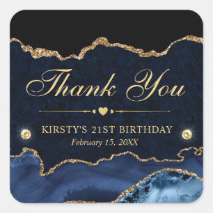 Blue and Gold Glitter Marble Agate Birthday Party Square Sticker