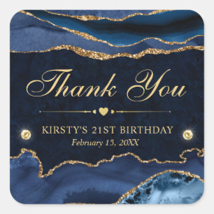 Blue and Gold Glitter Marble Agate Birthday Square Sticker