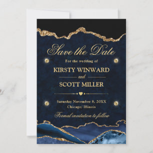 Blue and Gold Glitter Marble Agate Save the Date