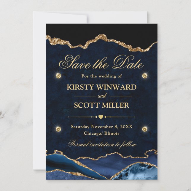Blue and Gold Glitter Marble Agate Save the Date (Front)