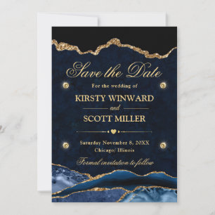Blue and Gold Glitter Marble Agate Save the Date