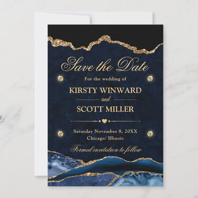 Blue and Gold Glitter Marble Agate Save the Date (Front)
