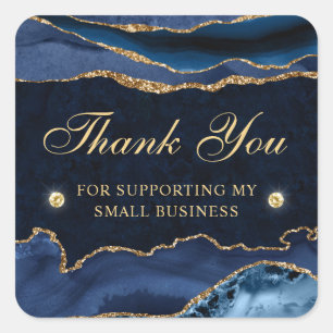 Blue and Gold Glitter Marble Agate Small Business Square Sticker