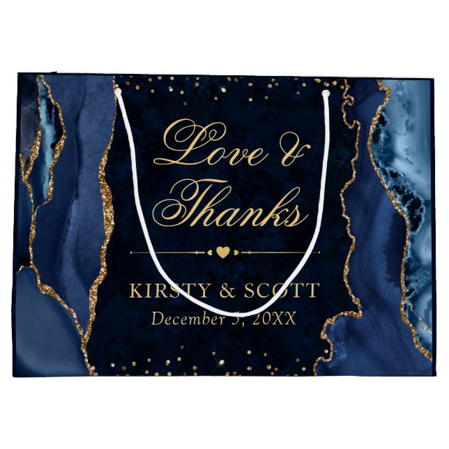 Blue and Gold Glitter Marble Agate Wedding Large Gift Bag (Back)