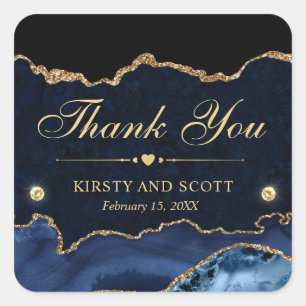 Blue and Gold Glitter Marble Agate Wedding Square Sticker