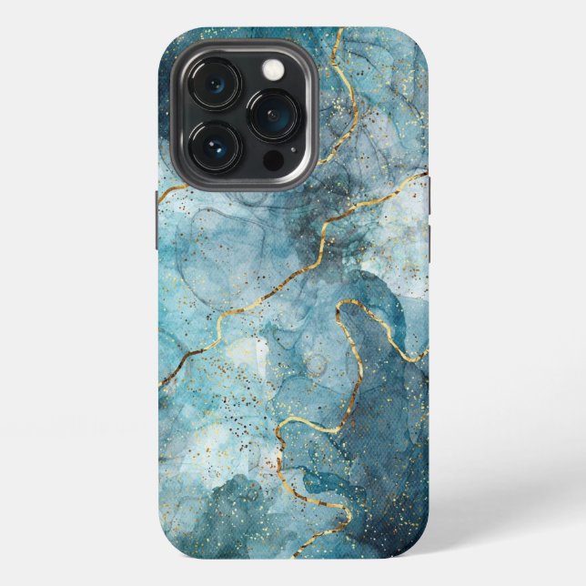 Blue and Gold Glitter Marble Pattern iPhone Case (Back)