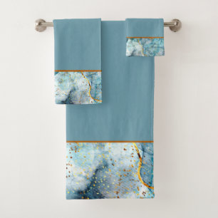 Blue and gold glittery marble bath towel set