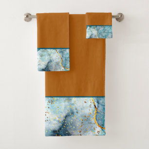 Blue and gold glittery marble bath towel set