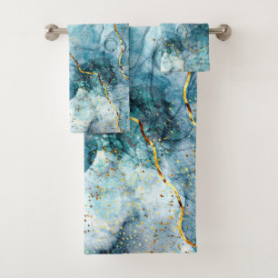 Blue and gold glittery marble bath towel set