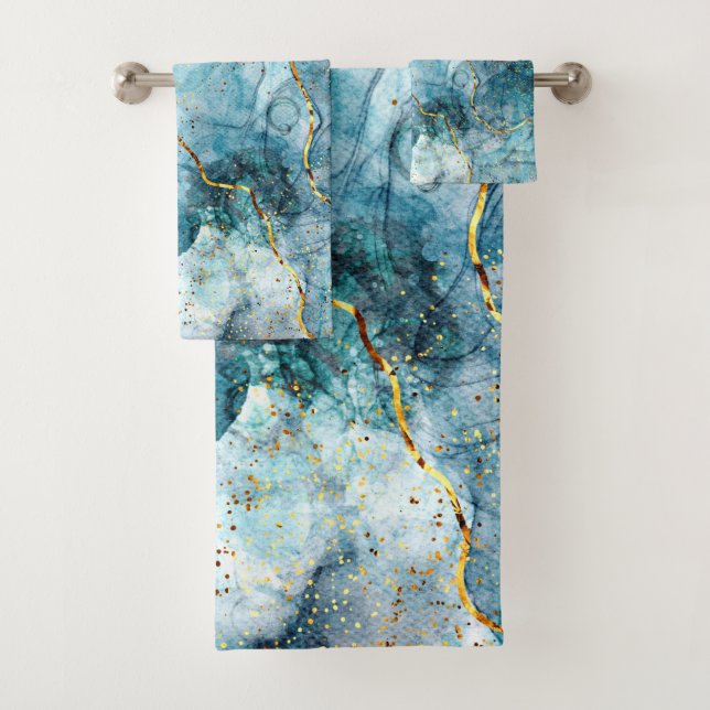 Blue and gold glittery marble  bath towel set (Insitu)