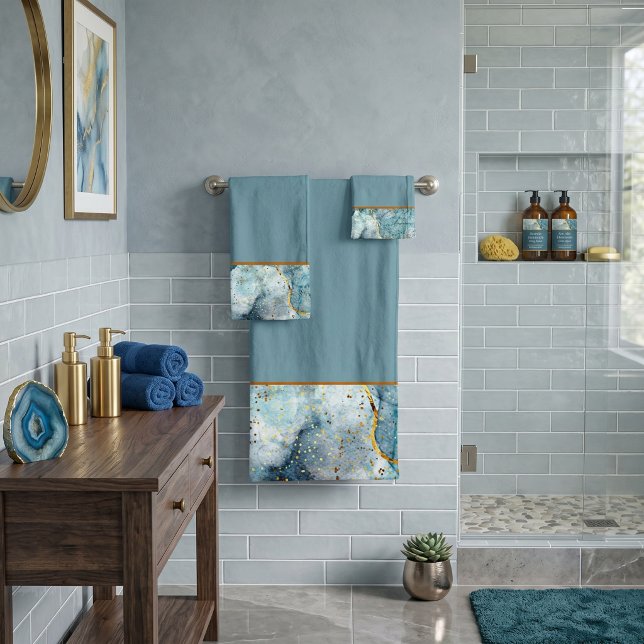 Blue and gold glittery marble  bath towel set (Creator Uploaded)