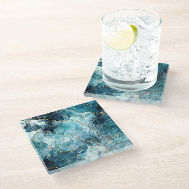 Blue and gold glittery marble  glass coaster (Angled)