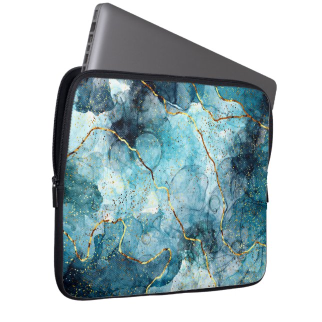 Blue and gold glittery marble  laptop sleeve (Front Right)
