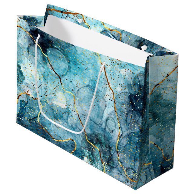 Blue and gold glittery marble  large gift bag (Front Angled)