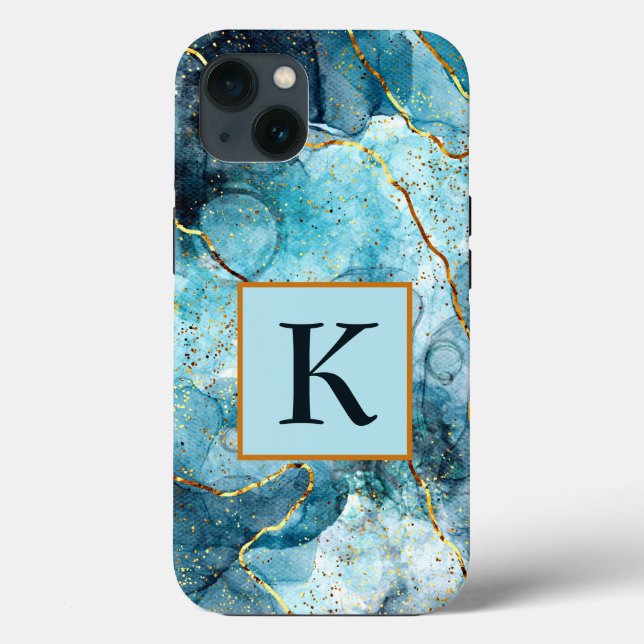 Blue and gold glittery marble monogram Case-Mate iPhone case (Back)