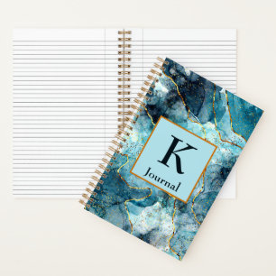 Blue and gold glittery marble monogram journal