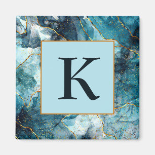 Blue and gold glittery marble monogram magnet