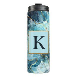 Blue and gold glittery marble monogram thermal tumbler