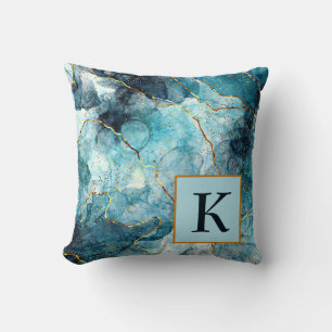 Blue and gold glittery marble monogram throw pill cushion