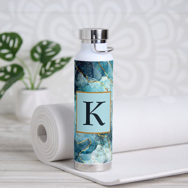 Blue and gold glittery marble  monogram water bottle (Yoga)