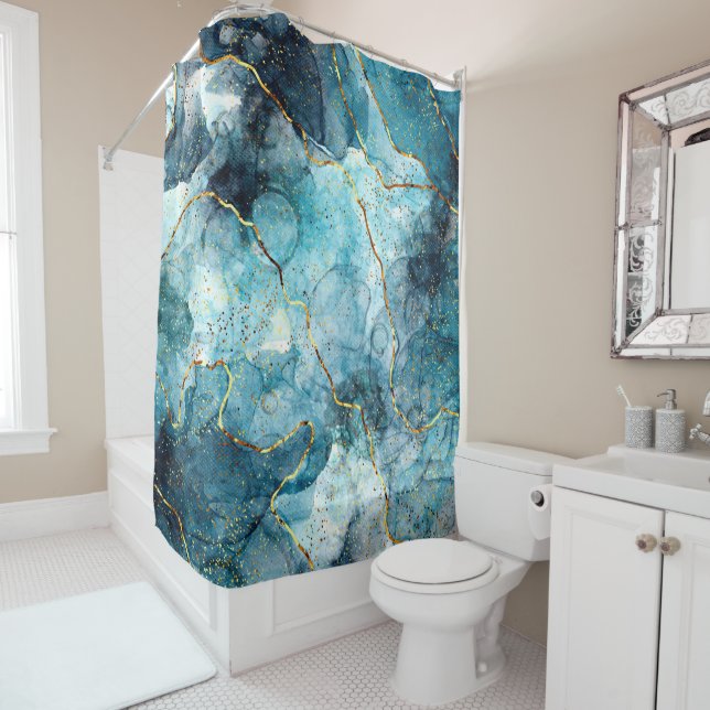 Blue and gold glittery marble  shower curtain (In Situ)