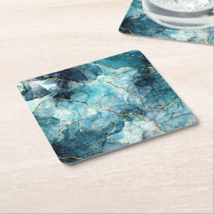 Blue and gold glittery marble square paper coaster