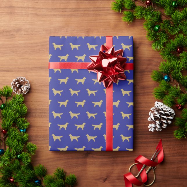 Blue and Gold Golden retriever Wrapping Paper (Holiday Gift)