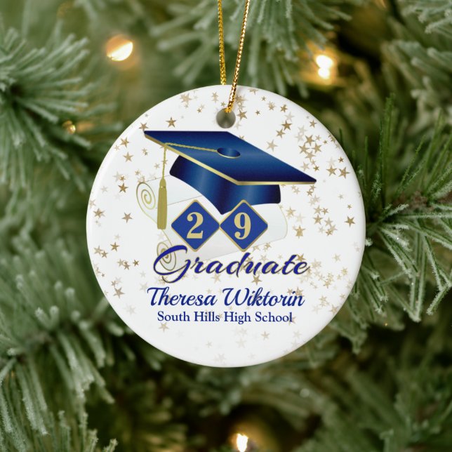 Blue and Gold Graduate Ceramic Ornament (Tree)