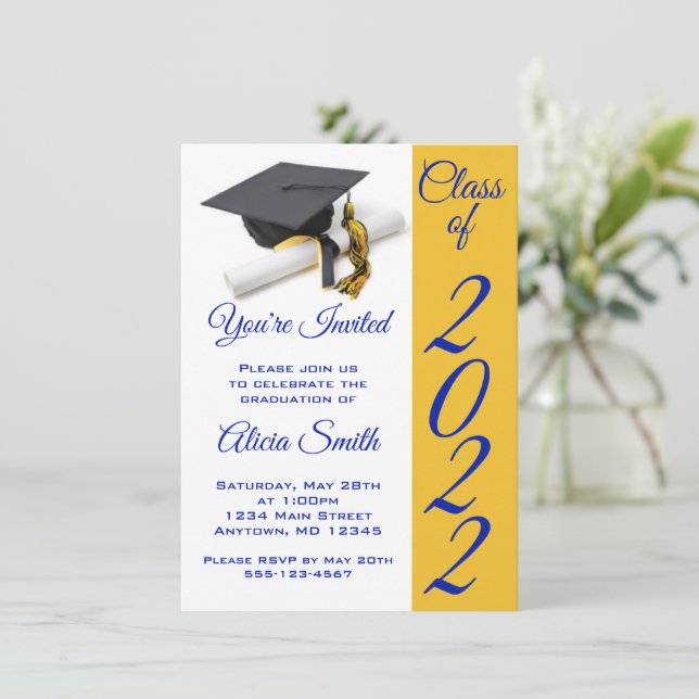 Blue and Gold Graduation Cap and Tassel Invitation (Standing Front)