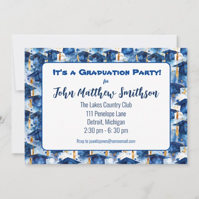 Blue and Gold Graduation Cap Party invitations (Front)