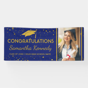 Blue And Gold Graduation Confetti Grad Cap Photo Banner