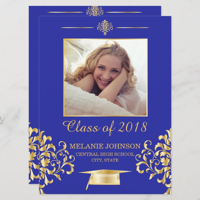 Blue and Gold Graduation Invitation (Front/Back)
