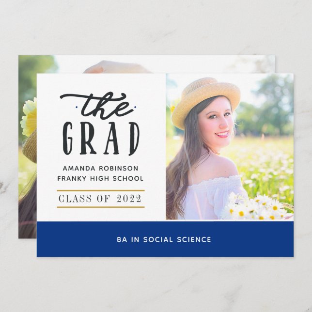Blue and Gold Graduation Photo Announcement (Front/Back)