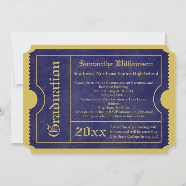 Blue and Gold Graduation Ticket Invitations (Front)