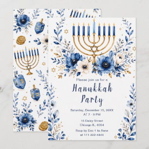 Blue and Gold Hanukkah Party Invitation
