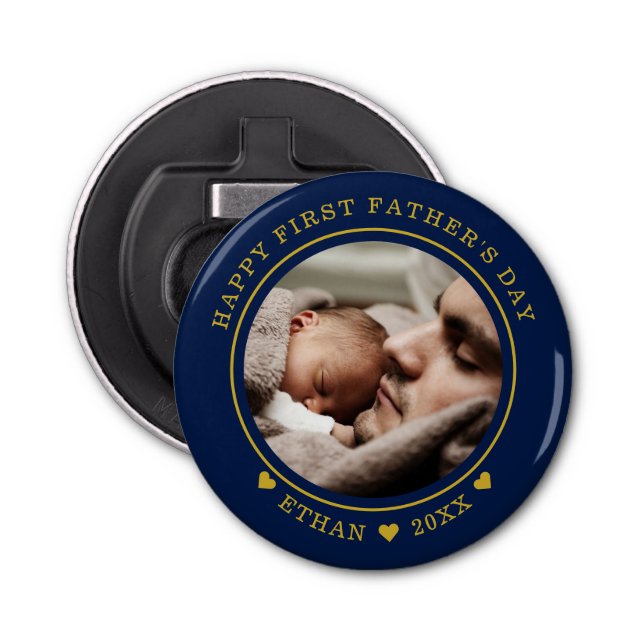 Blue And Gold Happy First Father's Day Photo Bottle Opener (Front)