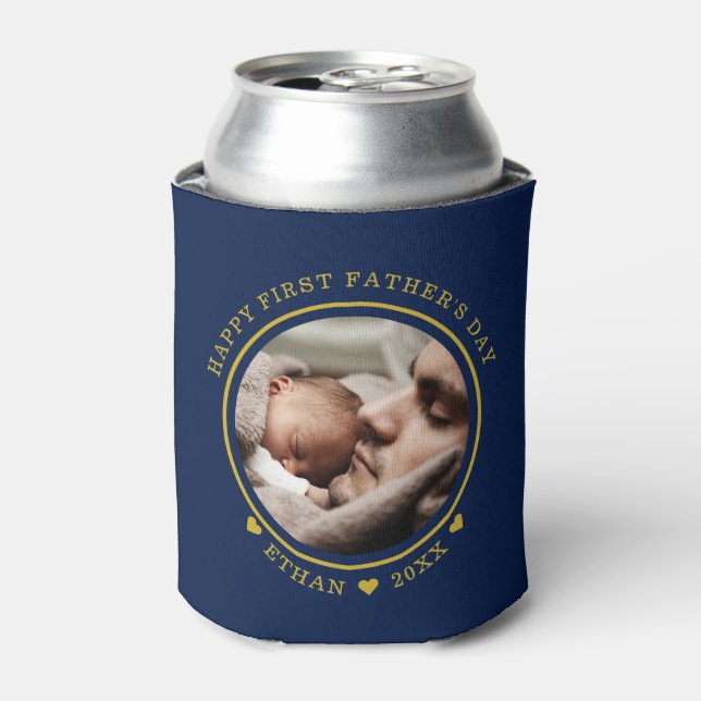 Blue And Gold Happy First Father's Day Photo  Can Cooler (Can Front)