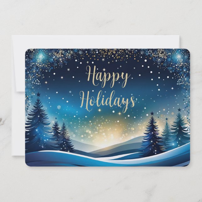 Blue and Gold Happy Holidays 5x7 Pearl Shimmer Holiday Card (Front)