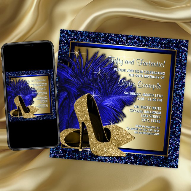 Blue and Gold High Heels Womans Birthday Party Invitation (Womans royal blue and gold high heel shoe invitation. Any number or event. Digital and printed.)
